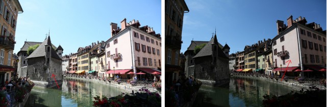 Écarts d’exposition observés en mémorisant la netteté sur l’immeuble de gauche (photo de gauche) ou sur l’immeuble de droite (photo de droite).