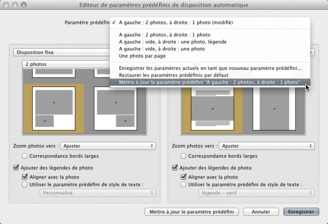 Modification d'un paramètre prédéfini de disposition automatique.