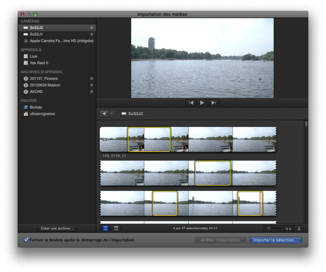 Sélection de plusieurs portions de plans à acquérir. Ici : toutes les portions sont cerclées de jaune indiquant la sélection prise en compte par Final Cut Pro pour l’acquisition. Sélection de plusieurs portions de plans à acquérir. Ici : toutes les portions sont cerclées de jaune indiquant la sélection prise en compte par Final Cut Pro pour l’acquisition.